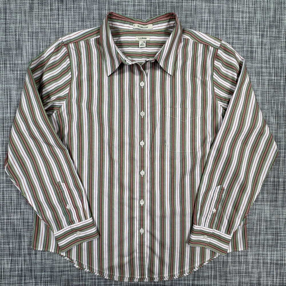 LL Bean Shirt Womens Large Petite Green Red Stripe Cotton Wrinkle Free Button